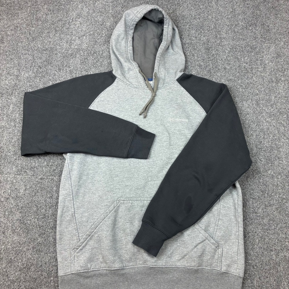 Columbia Mens Grey Black Raglan Pullover Hoodie Size Medium Embroidered Logo